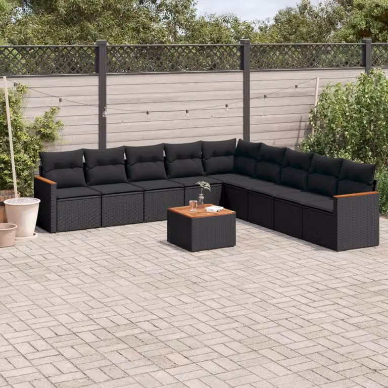 vidaXL Set Divani da Giardino 10pz in Polyrattan Nero con Cuscini e Tavolino da Esterno