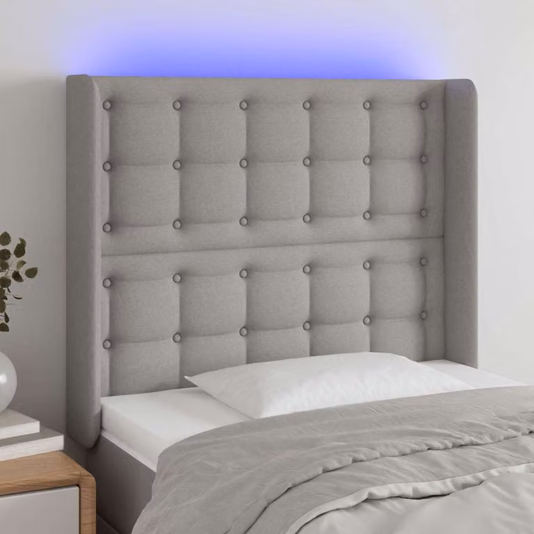 Testiera per letto vidaXL in tessuto grigio con illuminazione LED e porta di ricarica USB, L: 103 cm, P: 16 cm, H: 118-128 cm
