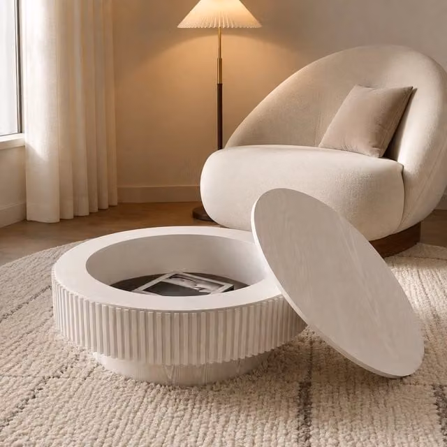 Tavolino basso Mivray con vano contenitore nascosto e superficie scanalata in legno e MDF bianco stile retrò L 82.0 cm, P 25.0 cm, H 82.0 cm