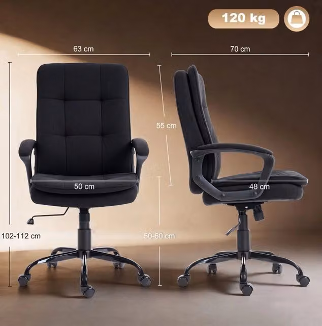 Sedia da ufficio ergonomica con rivestimento in tessuto, seduta e schienale imbottiti, altezza regolabile, con braccioli, colore nero