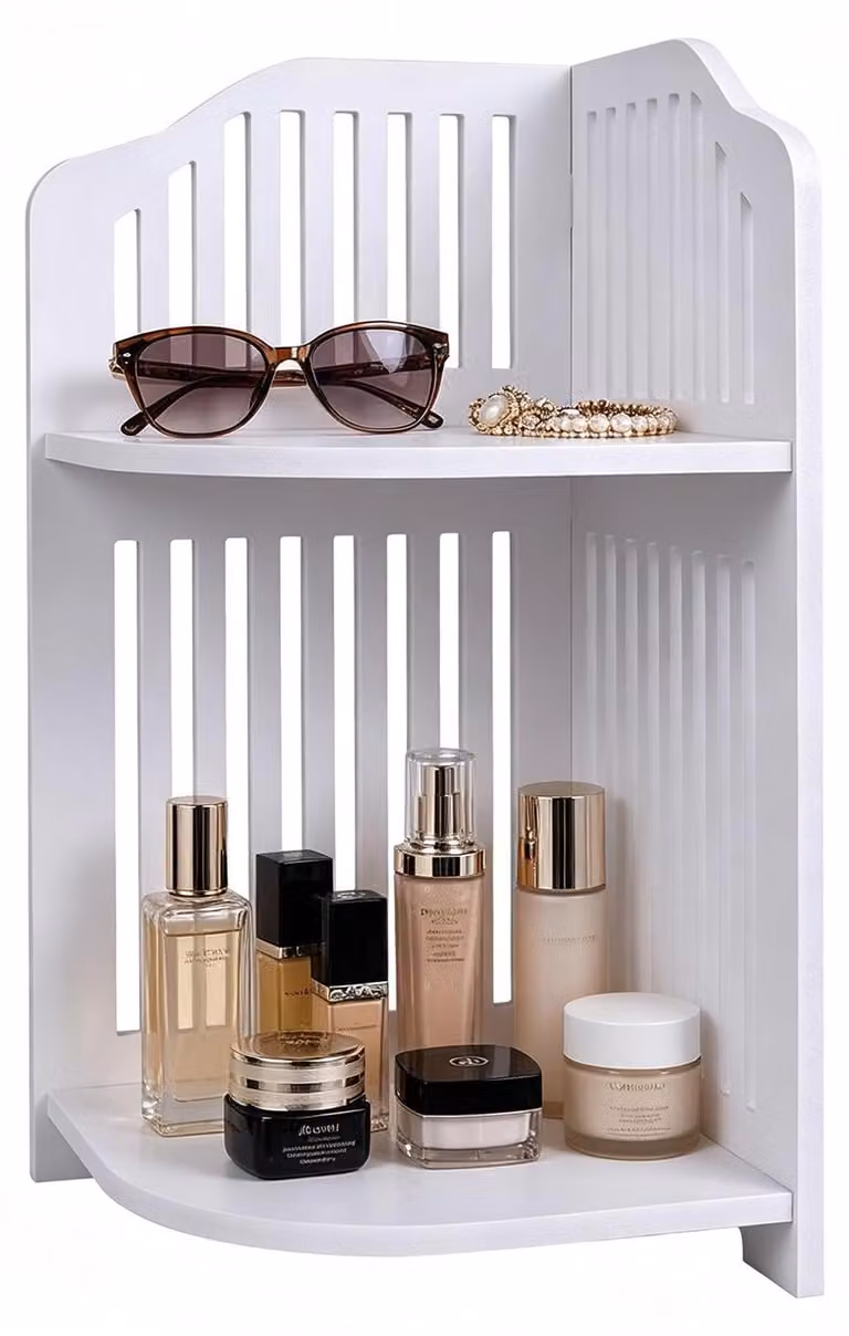 Scaffale angolare a 2 livelli per cosmetici e articoli decorativi