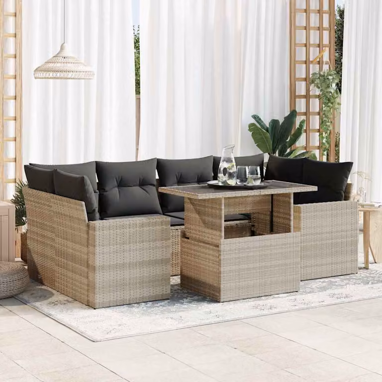 Set Divani da Giardino vidaXL 7 Pezzi con Cuscini Grigio con Tavolino e Struttura in Metallo e Polyrattan