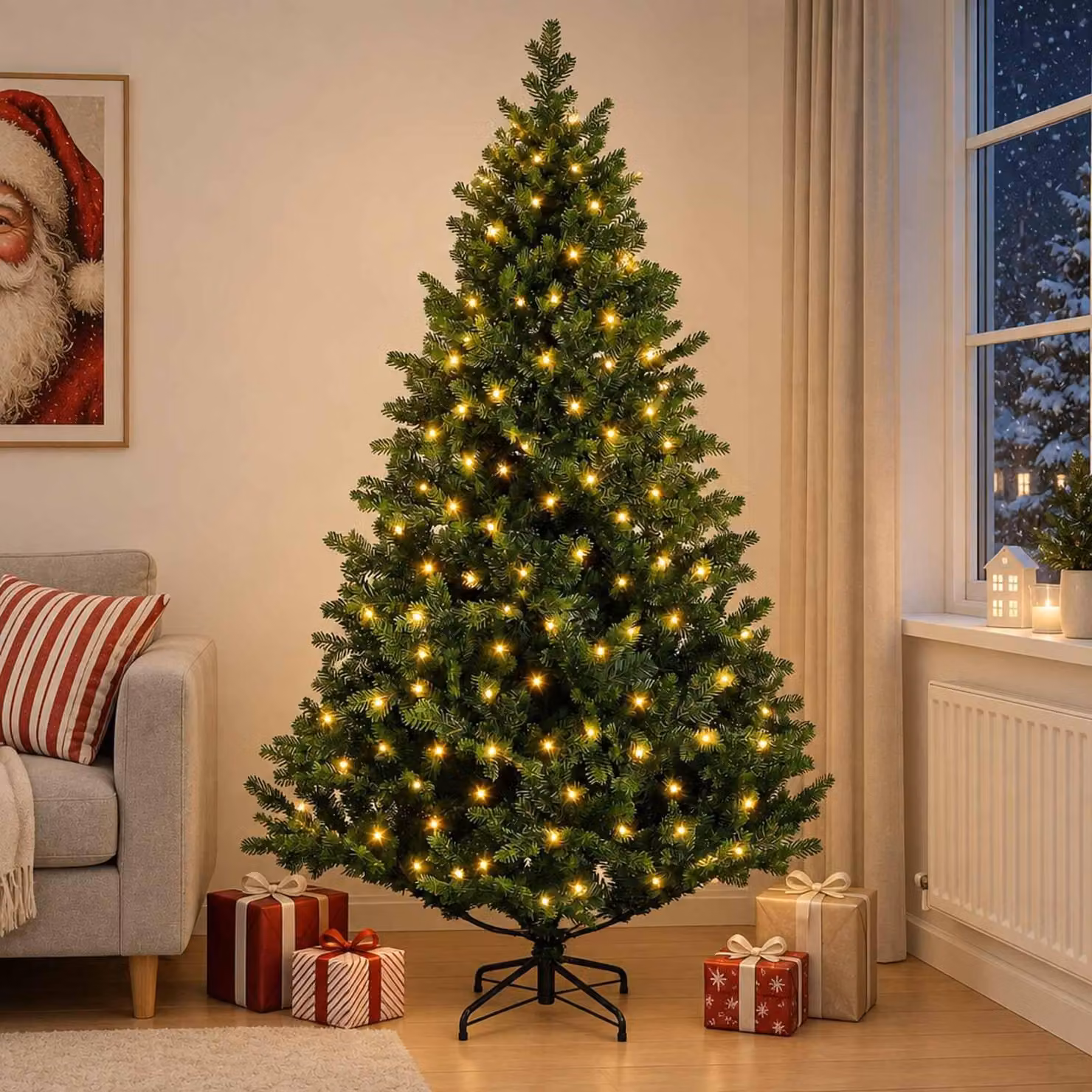 Albero di Natale artificiale pieghevole, altezza 240 cm, con 300 luci a LED