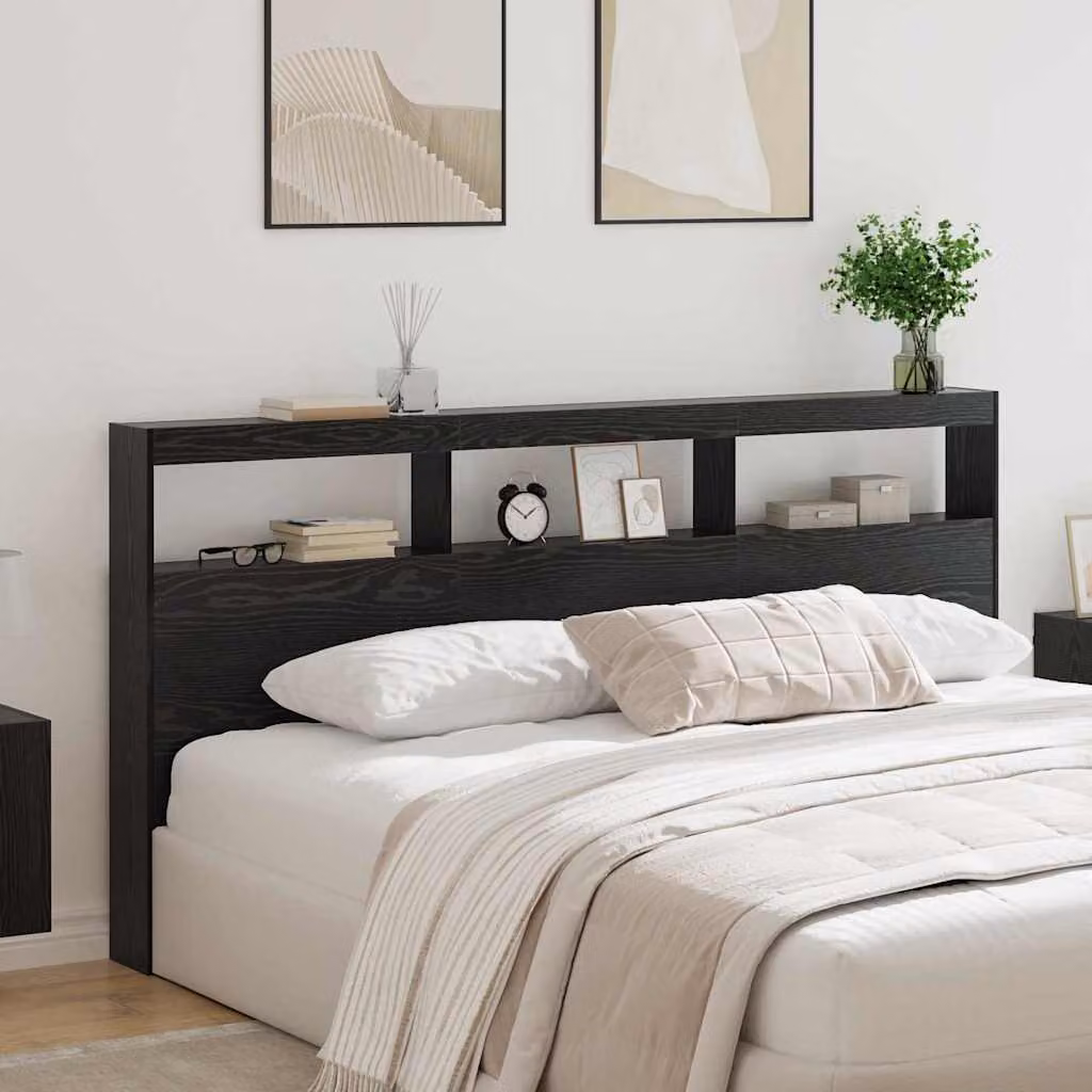 Testiera per letto moderna vidaXL in legno ingegnerizzato rovere nero con illuminazione integrata, mensola e porta USB, L: 200 cm, H: 102 cm, P: 17 cm