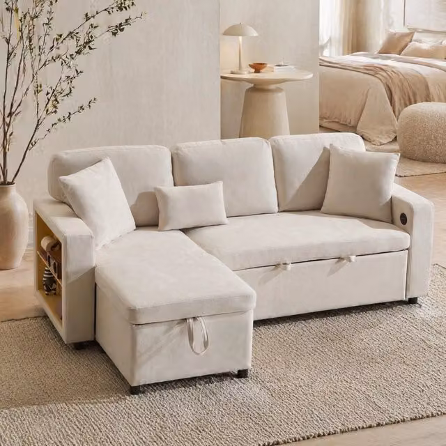 Divano letto angolare 3 posti con chaise longue reversibile; USB e contenitore; beige
