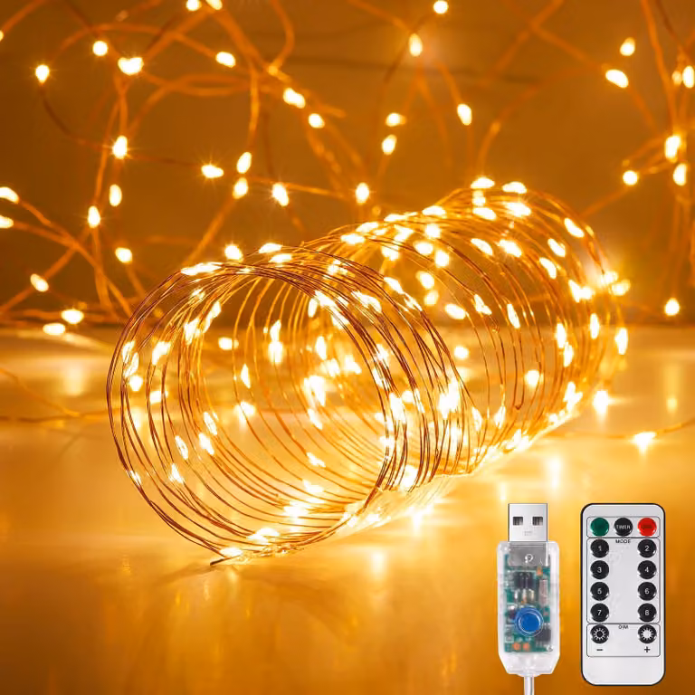 Catena luminosa da 10 metri, con 100 LED, luce bianco caldo, alimentazione USB, telecomando e timer
