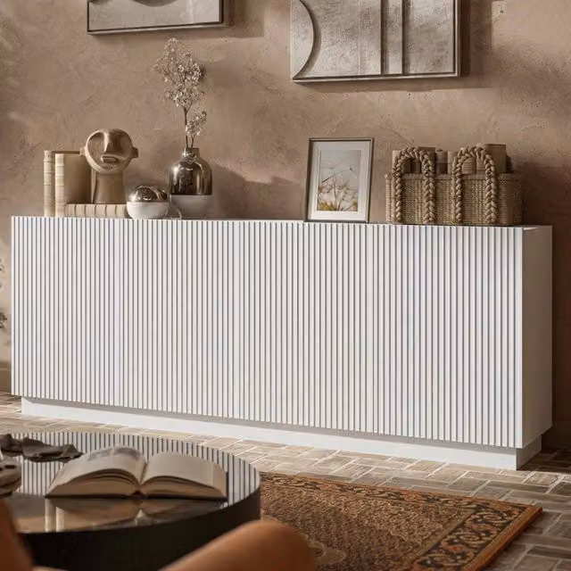 Madia DMORA Masainas, Credenza moderna con 4 ripiani, Bianco opaco, L: 200 cm, P: 40 cm, H: 78 cm