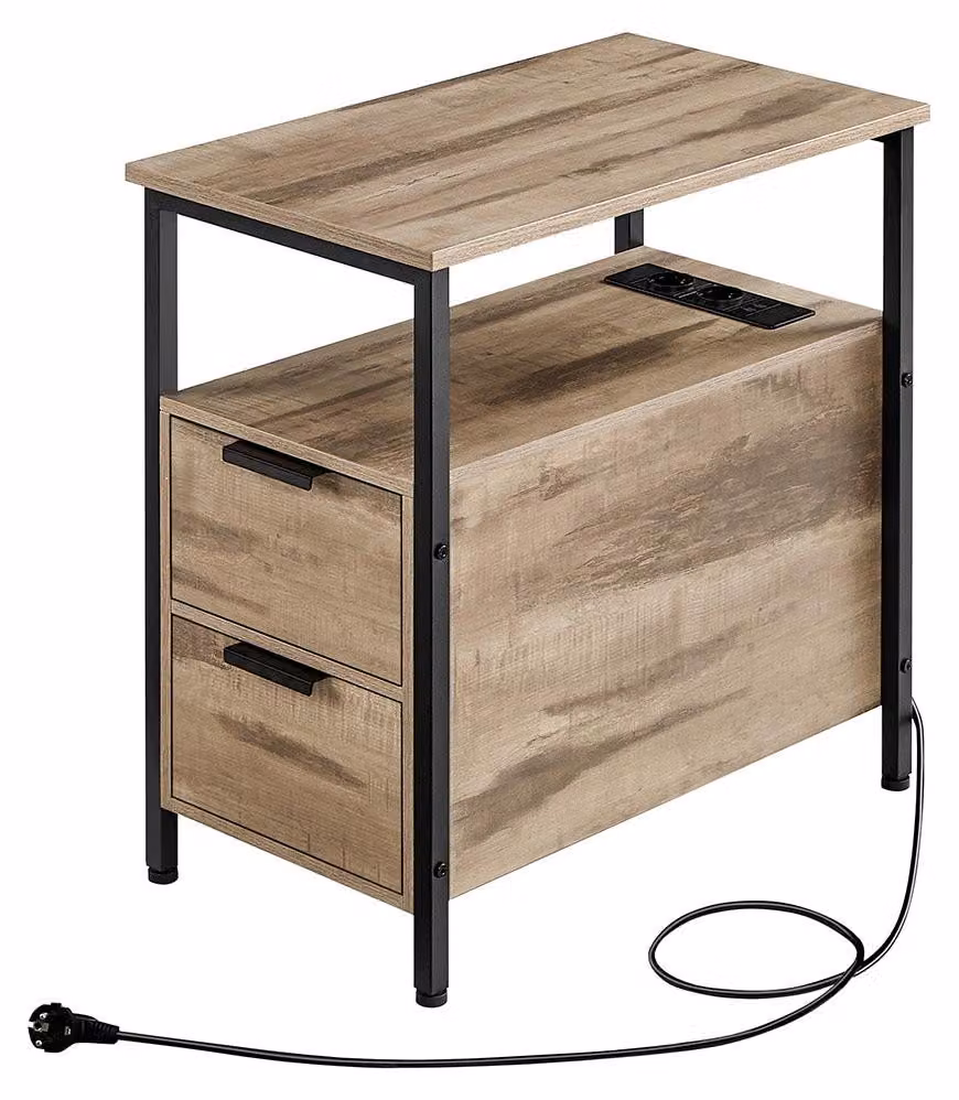 Tavolino laterale con ciabatta multipresa – 2 cassetti – Pannello di particelle e acciaio – 60 x 35 x 61 cm