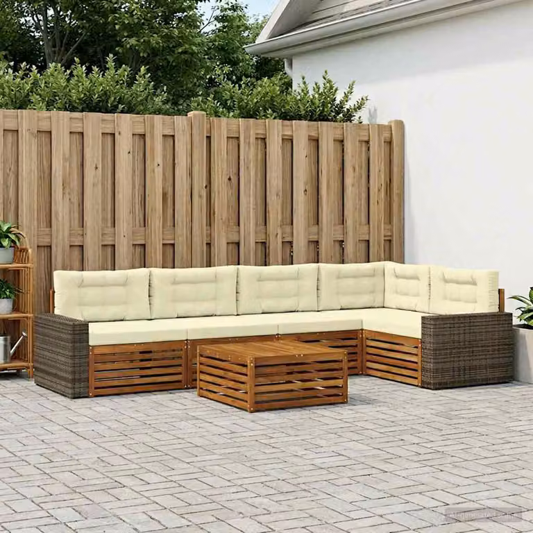 vidaXL Set di divani da esterno a L composto da 6 pezzi con tavolo da caffè, struttura in legno di acacia e cuscini in poliestere beige e bianco