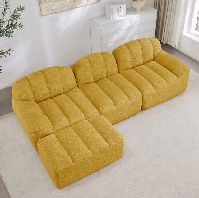 Divano modulare angolare 3 posti con ottomano; 288x165x79 cm; pile granulato giallo