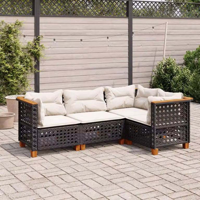 vidaXL Set Divani da Giardino 4 pz a Forma a L in Polyrattan Nero con Cuscini e Rivestimenti Rimovibili