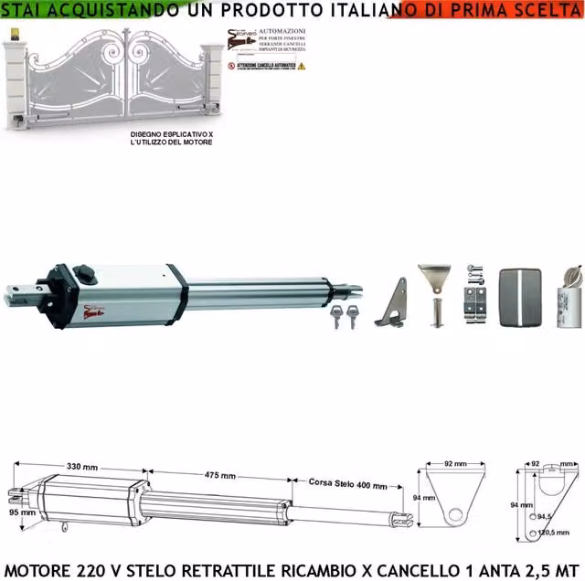 Motore Elettromeccanico Securvera per Cancello Elettrico a Battente, 230 V, Corsa 400 mm, Spinta 250 Kg, Colore Argento, Kit Completo con Staffe e Bulloni