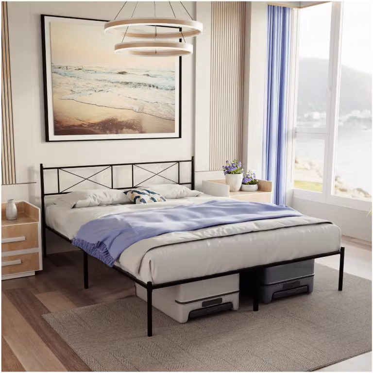 Letto in metallo 160x200 con rete a doghe, colore nero, altezza 35 cm, capacità fino a 400 kg