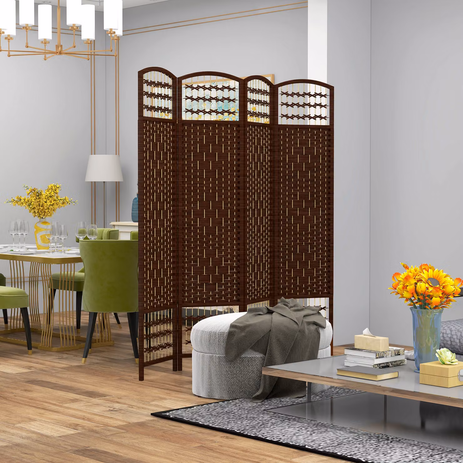 Paravento interno HOMCOM a 4 pannelli in legno marrone con design geometrico, L: 160 cm, P: 1,5 cm, H: 170 cm – 2