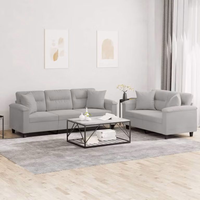 Set di 2 Divani vidaXL in Tessuto Microfibra Grigio con Cuscini, Design Moderno per Soggiorno