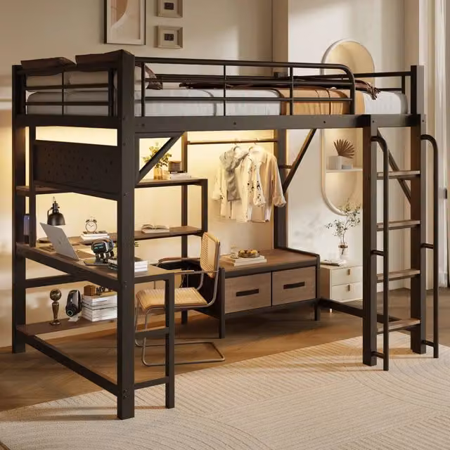 Letto a soppalco 140 × 200 cm con scrivania, illuminazione a LED, USB, mensole e 2 cassetti, senza materasso, nero