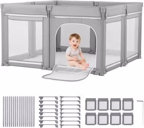 Recinto per bambini VEVOR pieghevole in tessuto Oxford 210D grigio con rete traspirante e porta a cerniera per interni ed esterni L: 200 x P: 178 cm