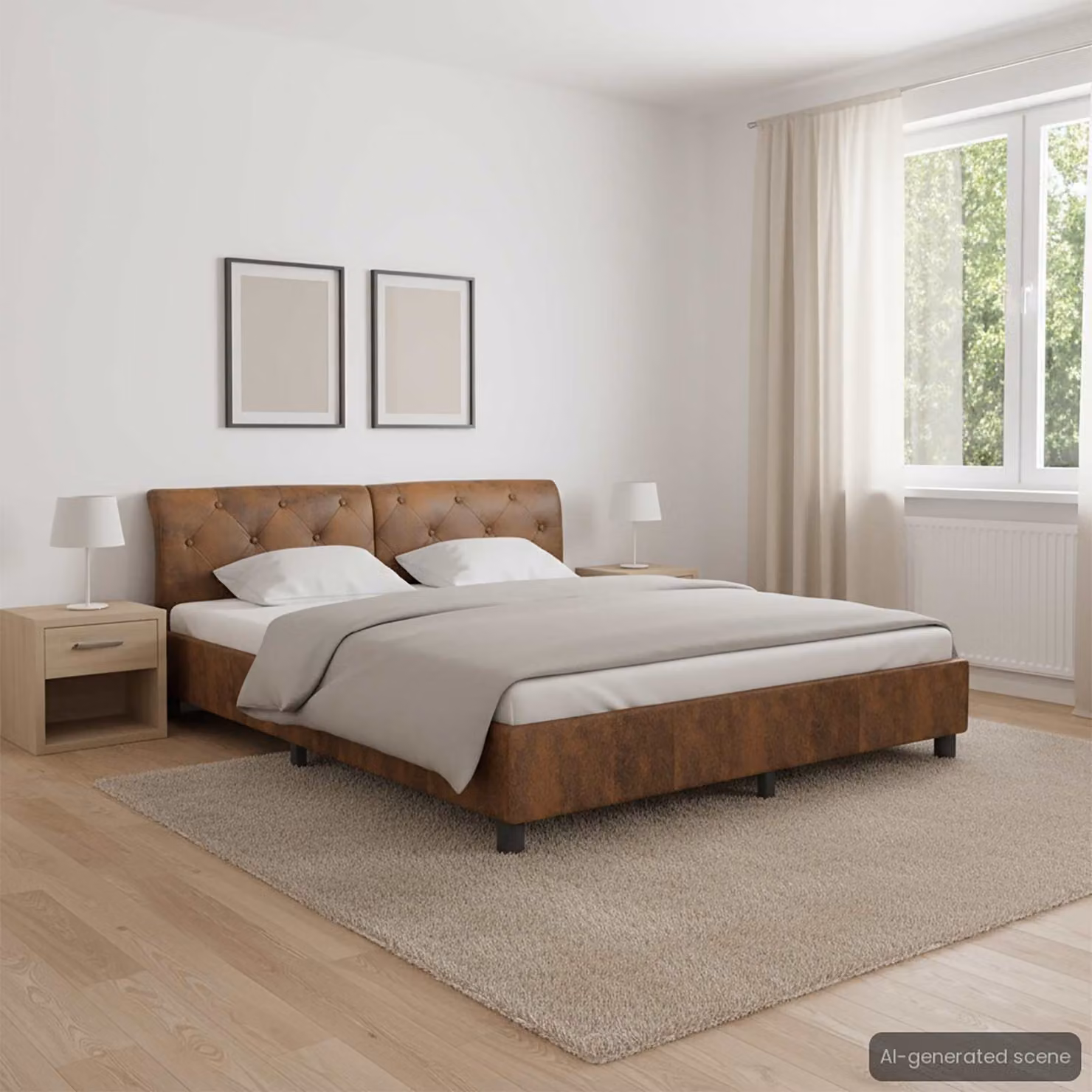 Giroletto vidaXL in similpelle scamosciata marrone con struttura in legno e listelli fissi L: 180 cm, P: 200 cm