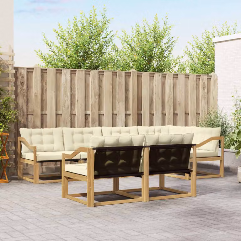 Set di divani da esterno vidaXL 7 pz a forma di U in legno di acacia con cuscini bianchi e beige
