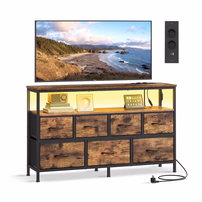 BELLAH Collezione - Cassettiera industriale con LED regolabile e prese integrate, Marrone Vintage + Nero Inchiostro / 113,8 x 30 x 68,1 cm