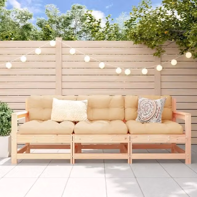 Set Salotto da Giardino a L vidaXL in Legno di Pino con Cuscini Beige, 3 Pezzi