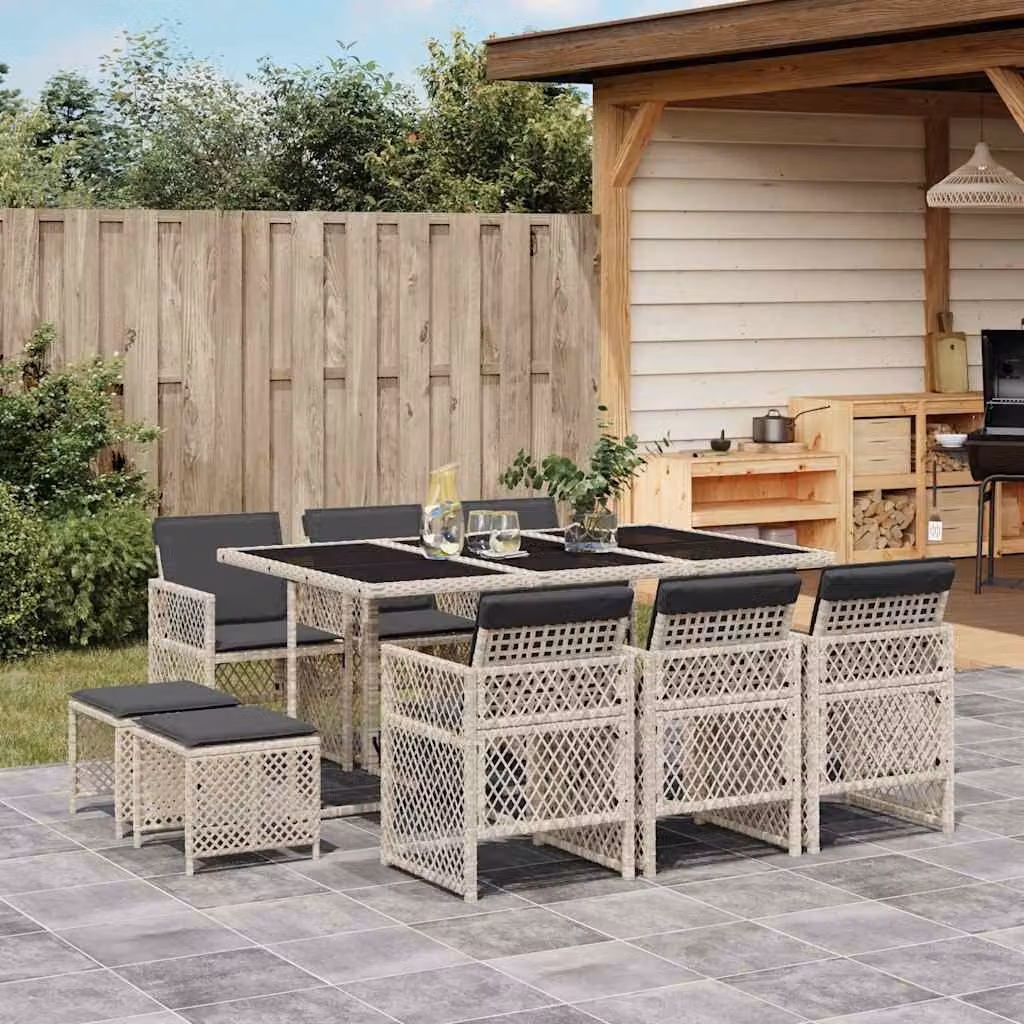 Set Pranzo da Giardino vidaXL in Polyrattan con Piano in Vetro e Cuscini, 11 Pezzi, Grigio Antracite – 1