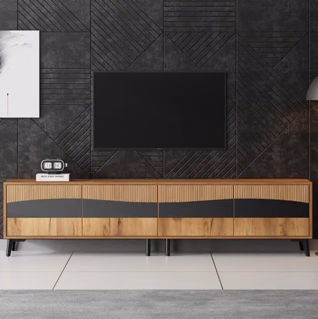 Mobile TV 180x40x50 cm con 4 ante e 8 gambe in pannello truciolare color naturale e nero