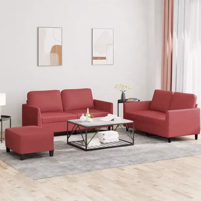 Set di Divani 3 pz con Cuscini Rosso Vino in Similpelle 3201758