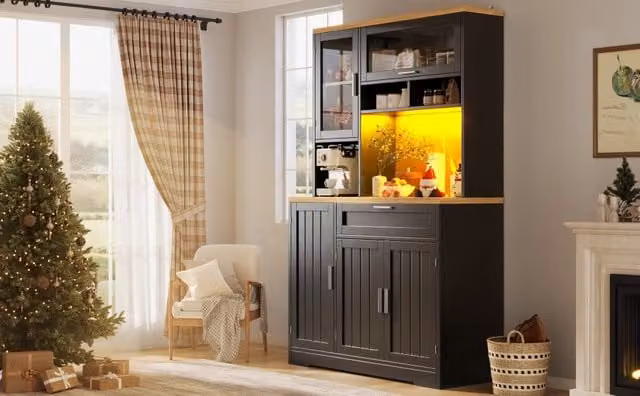Mobile colonna cucina Mivray in MDF nero opaco con vetrine, 3 ante e cassetto, dotata di illuminazione LED integrata controllabile tramite app; L/P/H: 104 x 40 x 180 cm – 1