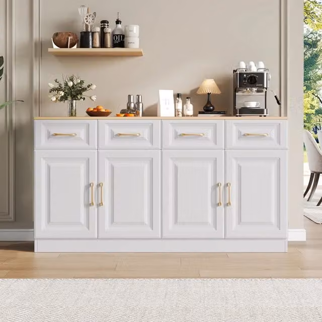 Desviae Credenza moderna in stile rustico con 4 cassetti e 4 ante, ripiani regolabili, bianco e quercia, 140 × 40 × 75 cm