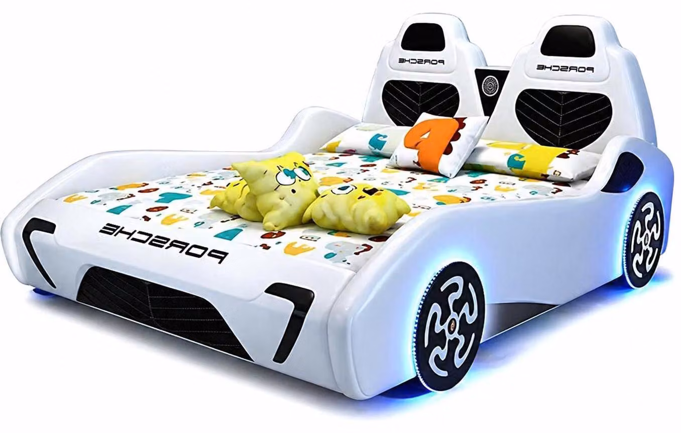 Letto per bambini bianco, letto a forma di auto, letto per bambini, letti per bambini con luci LED