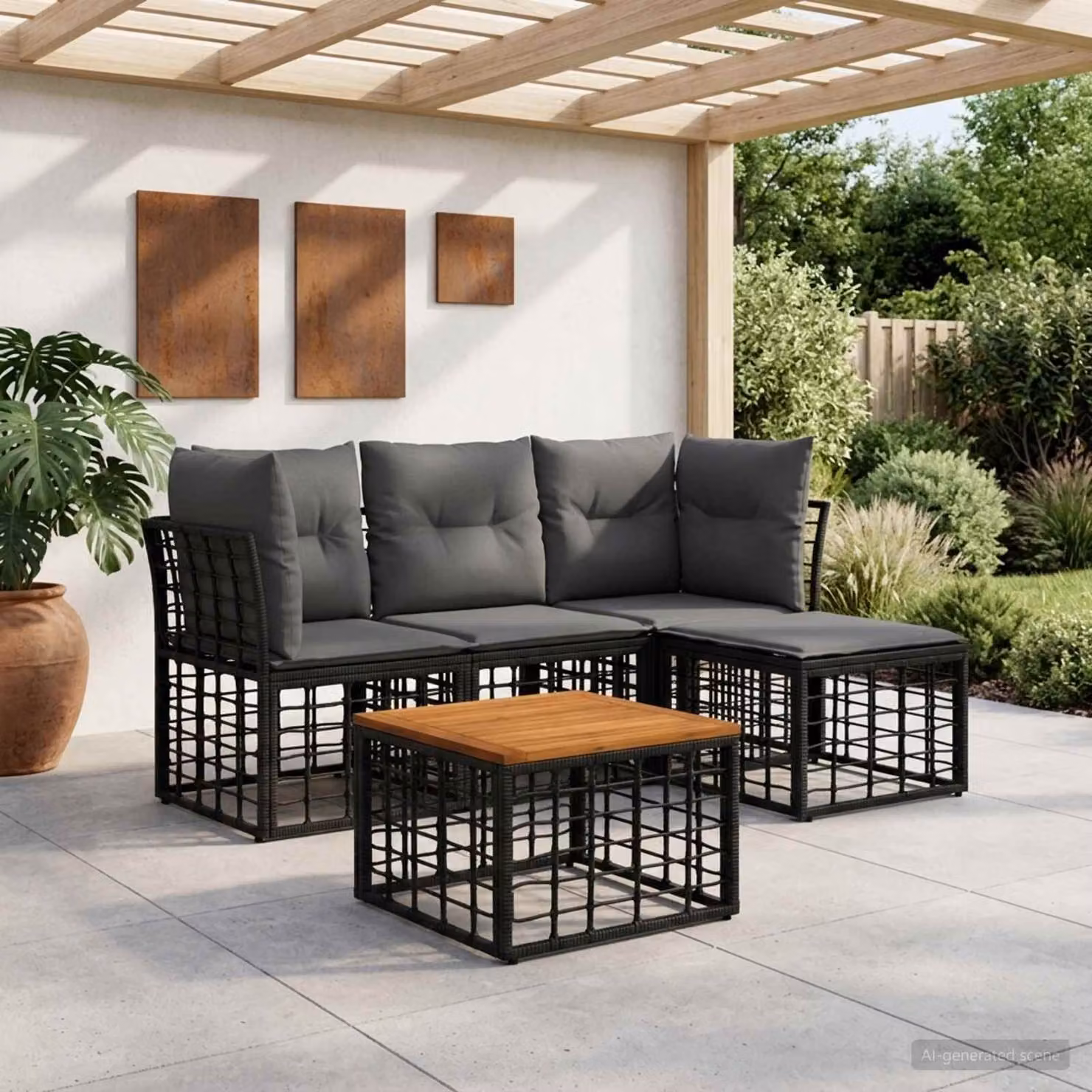 Set di divani da esterno vidaXL 5 pezzi a forma di L con tavolino, pouf e cuscini, colore nero e grigio, struttura in metallo e tessuto resistente alle intemperie