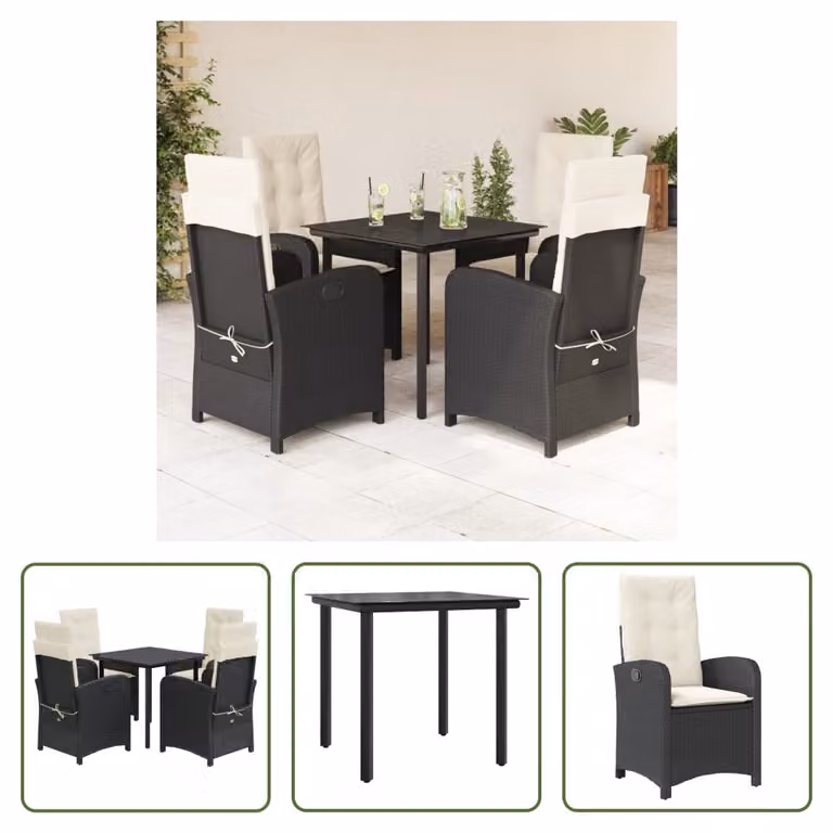 The Living Store Set da pranzo da giardino 5 pezzi con cuscini in poly rattan nero