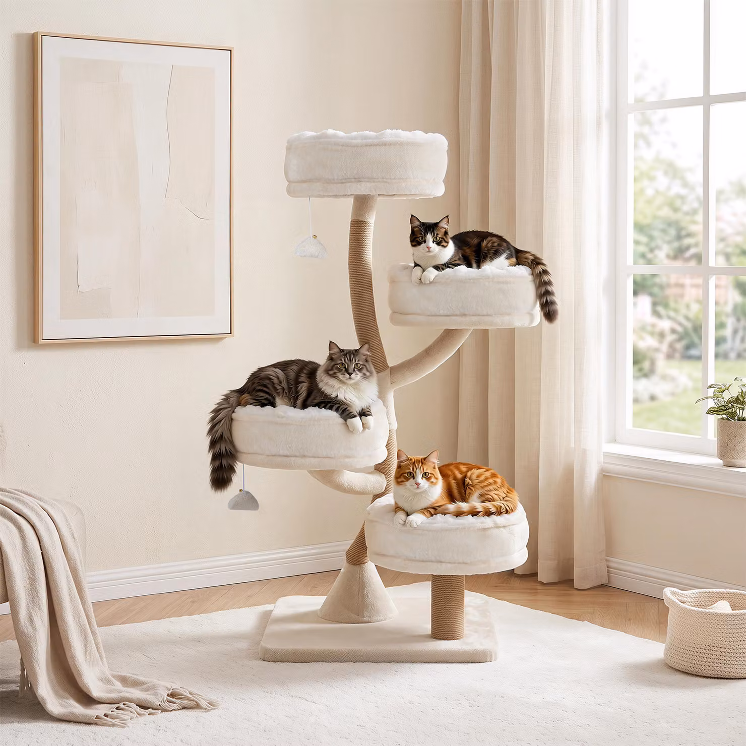 Albero tiragraffi per gatti Costway beige a 4 livelli, Altezza: 132 cm, con posatoi, pali graffiatoi e giochi integrati per gatti adulti e piccoli