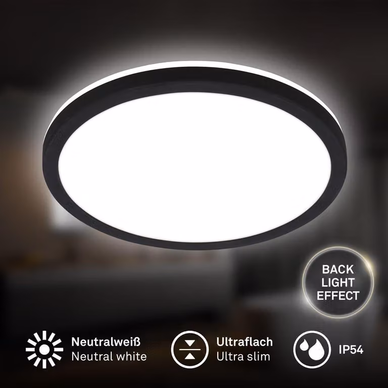 Lampada da soffitto a LED, colore nero, 18 watt, 2400 lumen, 4000K, effetto retroilluminazione, grado di protezione IP54 – Briloner