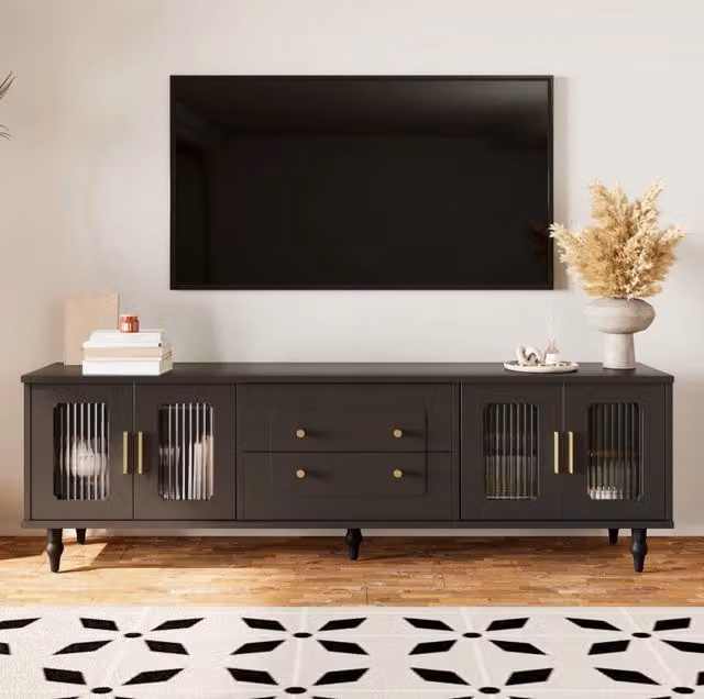 Mobile TV ULEVR 177x38x55,5 cm con 4 ante in vetro temprato rigato, cassetti push-to-open, nero
