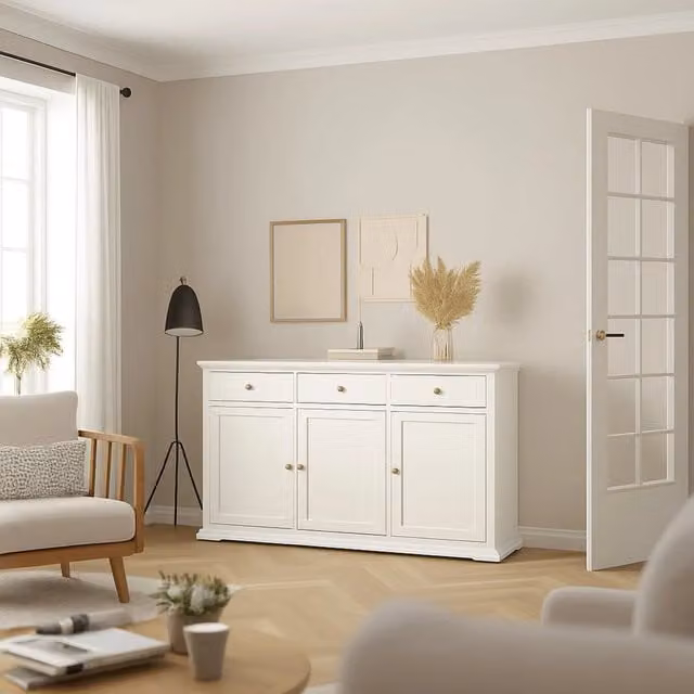 Credenza Asola DMORA, Buffet e Madia da Soggiorno o Cucina, Bianco Matt, L 144 x P 46 x H 92 cm