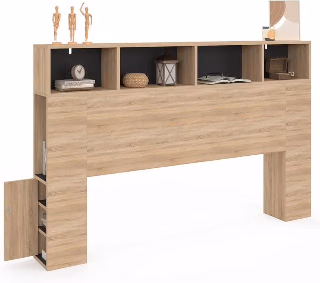 Testiera per letto IDMarket CLEO con ripiani integrati e contenitori laterali, colore beige e nero, per materasso 160x200 cm – 1