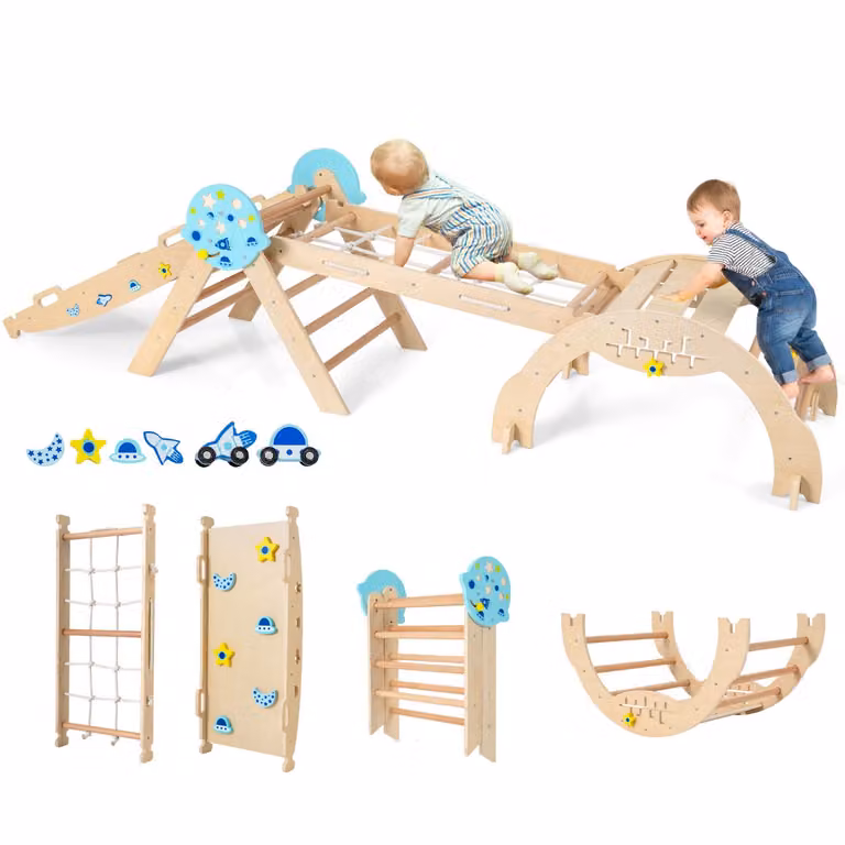Set triangolo per bambini Costway con scivolo ad arco pieghevole in legno naturale multicolore