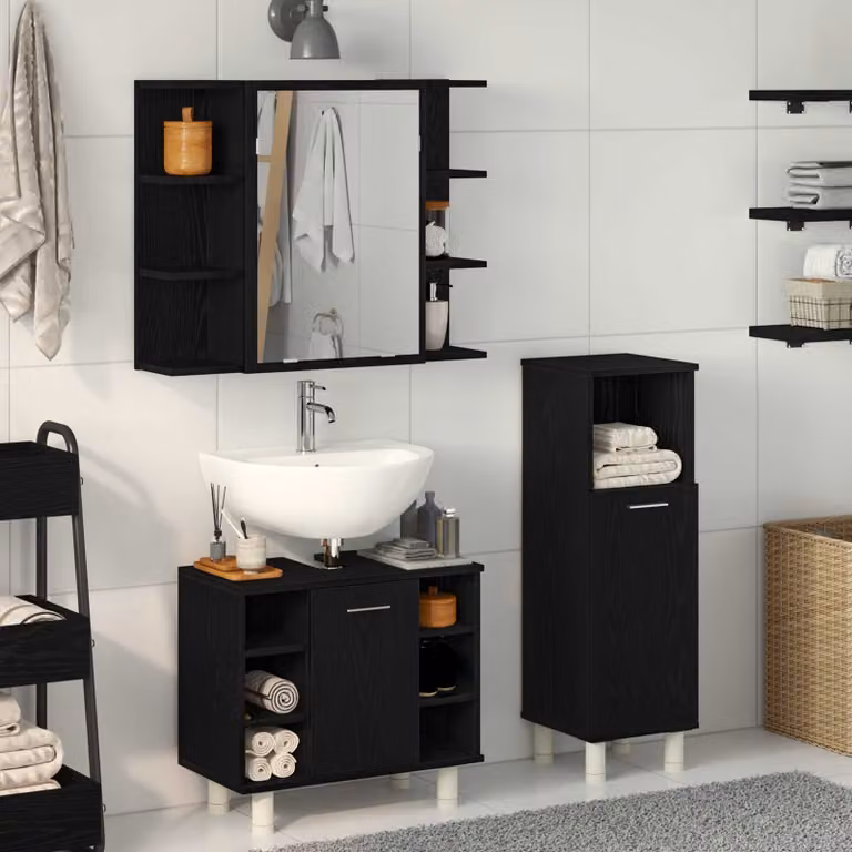 Set di mobili per il bagno vidaXL in 3 pezzi nero con specchio e ripiani, L/P/H: 30 x 30 x 99,5 cm