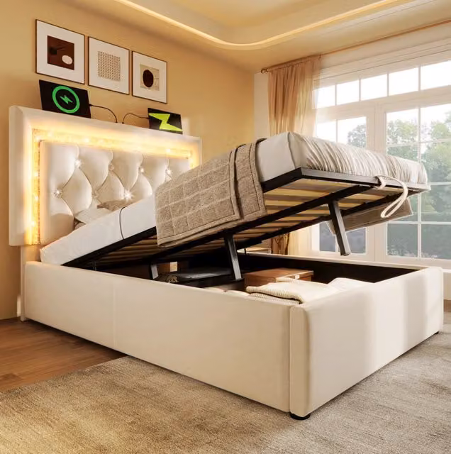 Letto singolo MODFU in velluto beige con contenitore, illuminazione LED e porte USB e Type-C, L/P: 90 x 200 cm