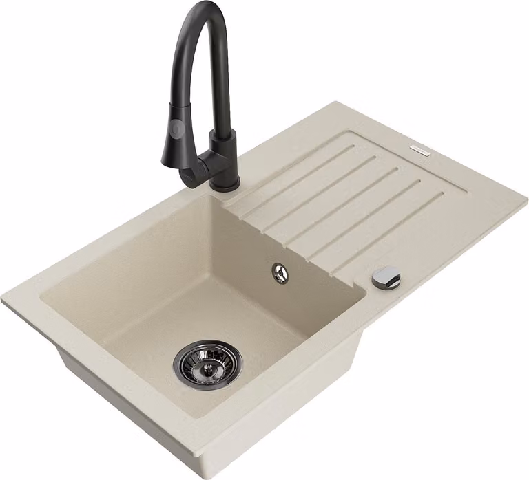 Mexen Pablo lavello in granito a 1 vasca con scolapiatti e rubinetto da cucina Elia, beige - 6510-69-670101-70