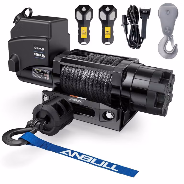 Verricello elettrico a 12 V, capacità di 6.000 LBS / 2722 kg, grado di protezione IP68 (impermeabile), non richiede cablaggio, cavo sintetico da 6,3 mm x 16,8 m, corda in nylon, adatto per