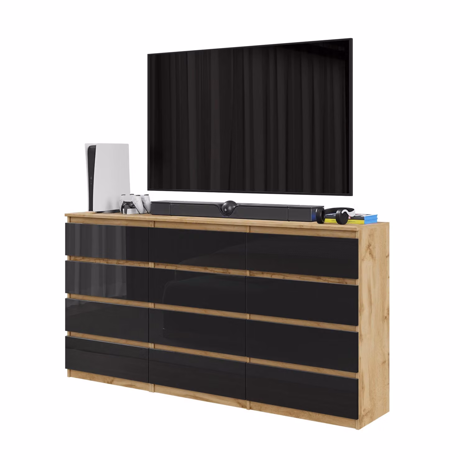 Set di comodini Wotan, finitura noce/nero lucido, con 12 cassetti (8+4) – Grande set di contenitori per camera da letto e soggiorno – GABRIEL