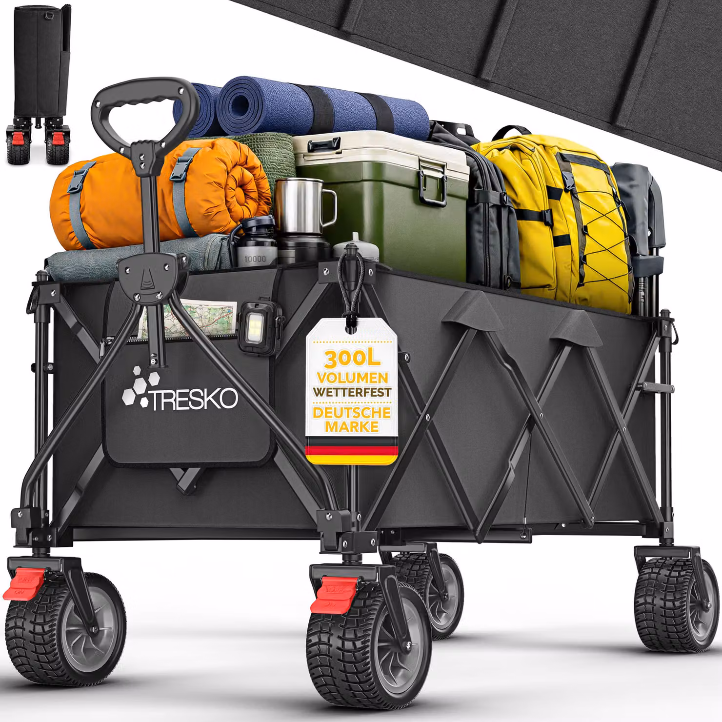 Carrello pieghevole TRESKO® da 300 litri con freno, nero | Carrello a mano pieghevole con portata di 150 kg, dotato di ruote in gomma piena | Carrello da spiaggia pieghevole con ruote fuoristrada extra larghe | Carrello da giardino e da trasporto con bors