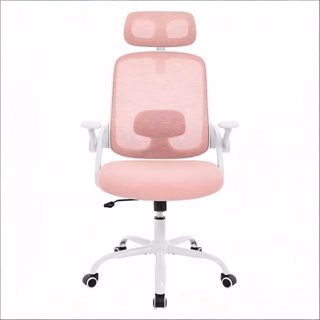 Sedia da ufficio ergonomica con schienale reclinabile, poggiatesta e braccioli 3D, in rete e metallo rosa