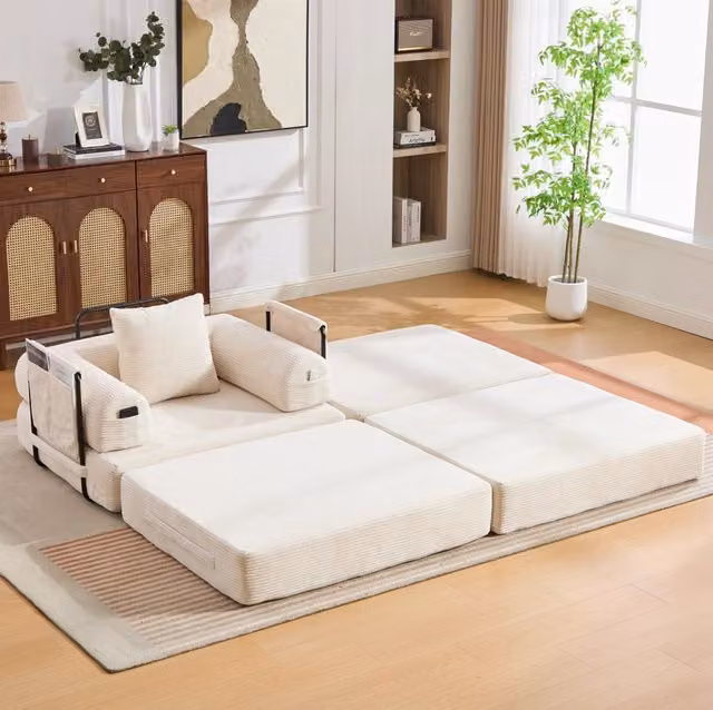 Divano modulare in corduroy beige con pouf e cuscino; 112x190x67 cm
