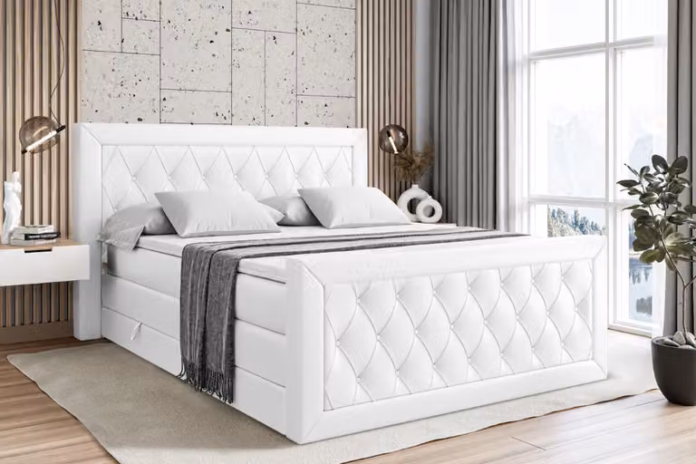 Letto boxspring ALTDECOR con materasso e rete a doghe, topper, pediera, letto imbottito con contenitore, letto con spazio contenitivo per materassi H3 e H4, letto boxspring - NOEL-Z KING - 200x200 - Pelle finta bianca