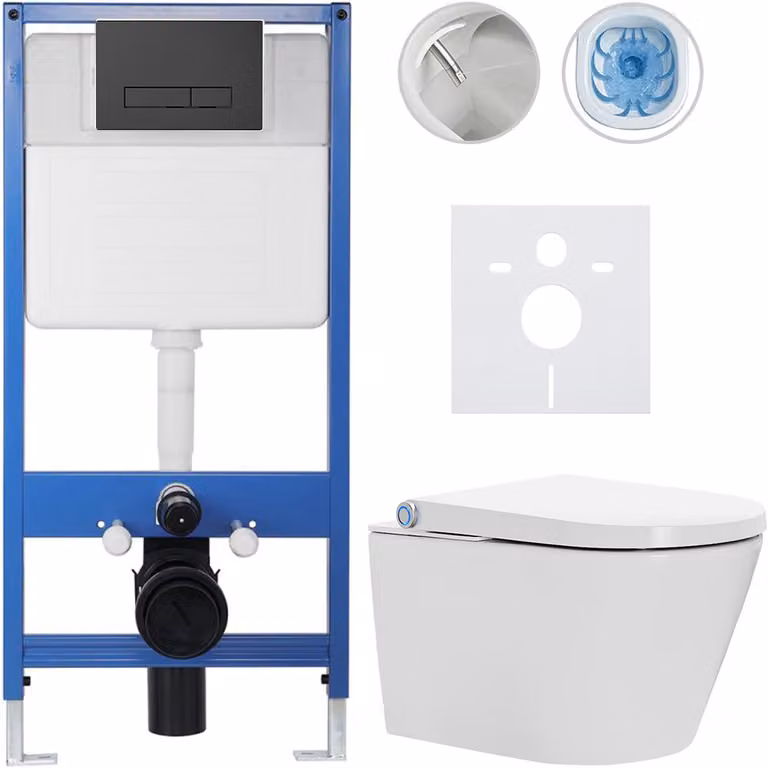 Set completo per WC Profi/Cronus Standard - bianco lucido - pulsante per WC modello Slim/nero opaco - installazione a parete - 59,3 x 38,4 cm