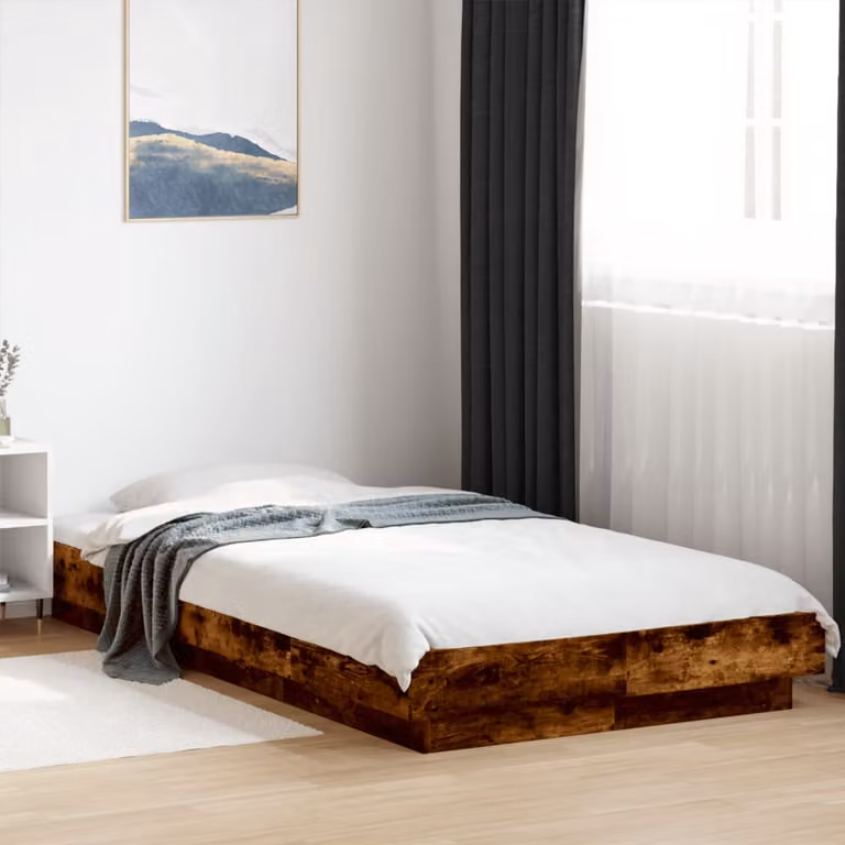 Letto singolo con giroletto e luci LED vidaXL in legno rovere fumo con porta USB, L/P/H: 190 x 90 x 23 cm
